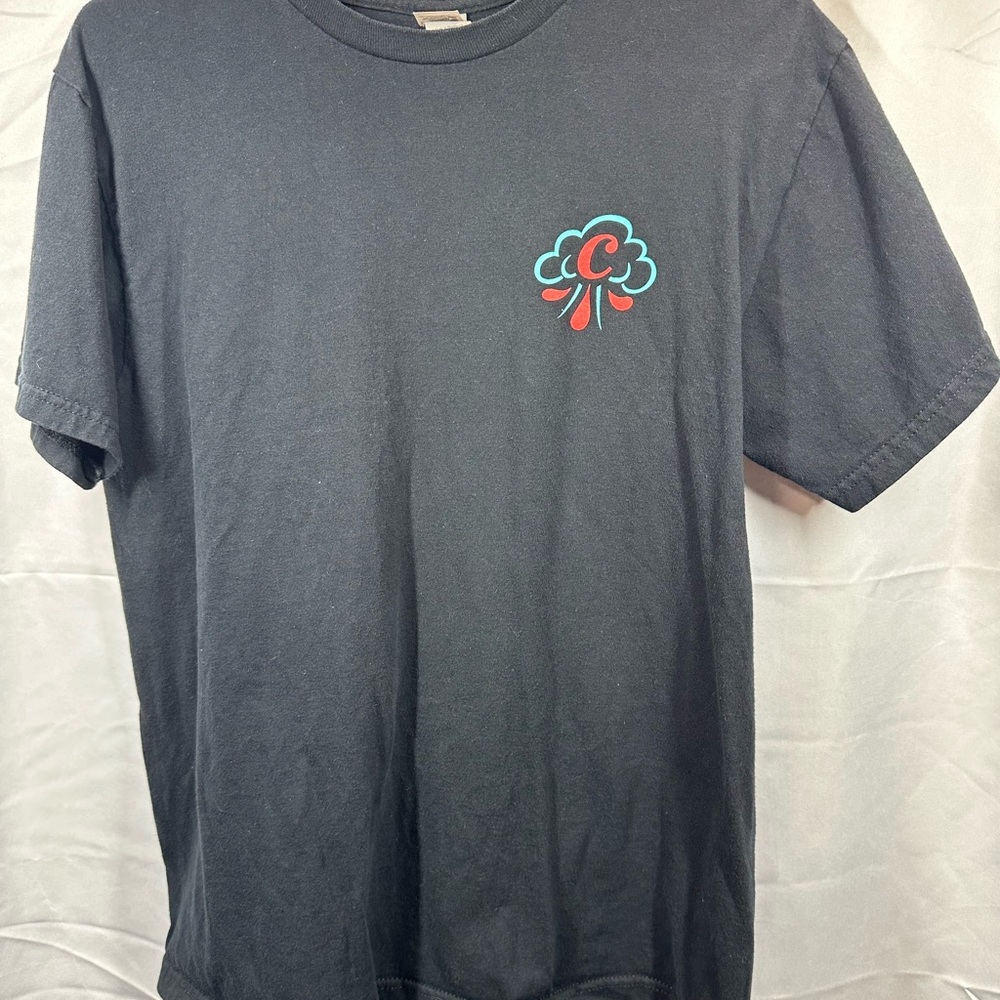 Cloud Brewing Black Short Sleeve Tee with Teal & Red Chest Graphic